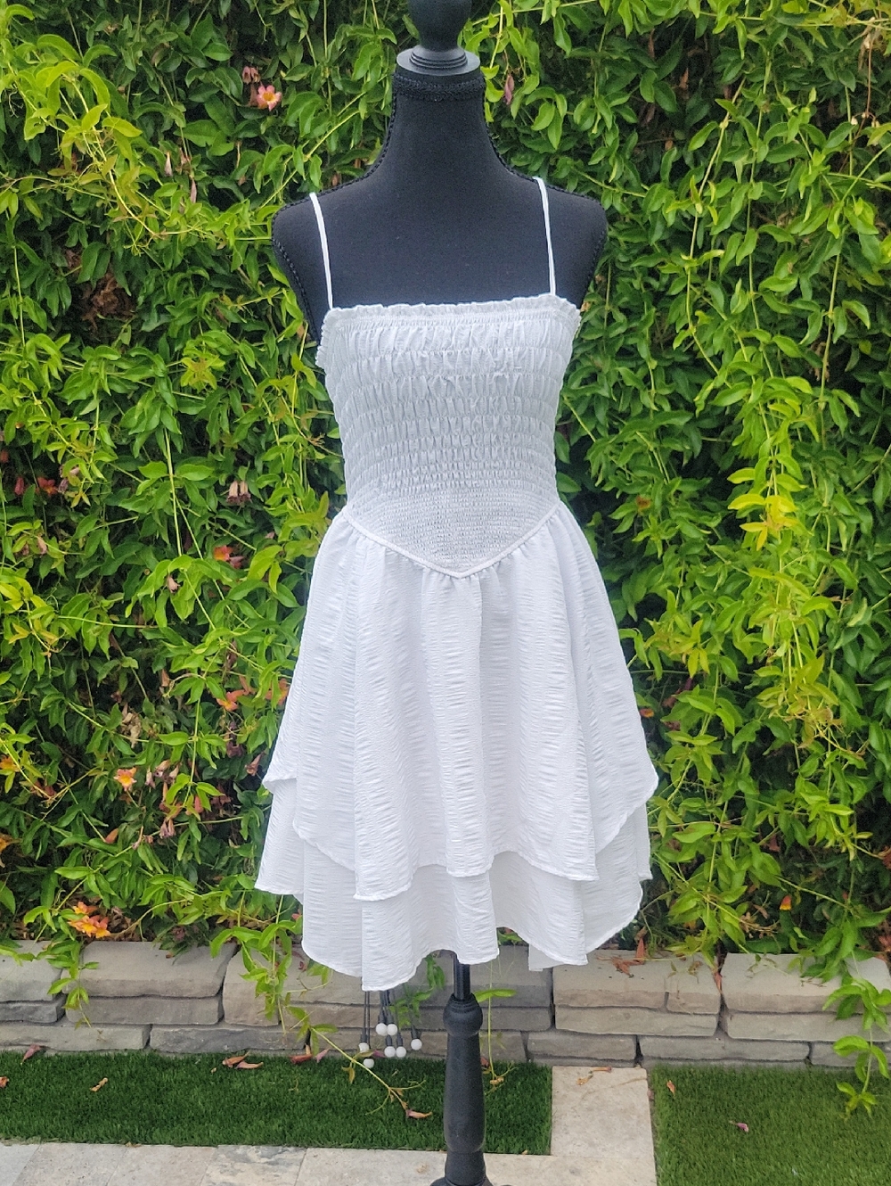 White Smocked Tiered  Boho Summer Beachy Dress M